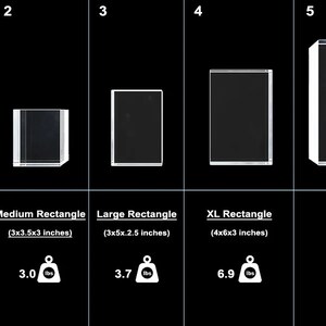 K&ouml;nnte beinhalten: F&uuml;nf transparente rechteckige Acrylboxen in verschiedenen Gr&ouml;&szlig;en, beschriftet mit ihren Abmessungen und ihrem Gewicht in Pfund. Die Boxen sind von klein nach gro&szlig; angeordnet, wobei die kleinste Box 2x3x2 Zoll misst und 1,4 Pfund wiegt und die gr&ouml;&szlig;te Box 6x8x3 Zoll misst und 13,2 Pfund wiegt.