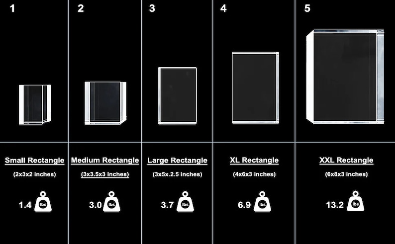 K&ouml;nnte beinhalten: F&uuml;nf transparente rechteckige Acrylboxen in verschiedenen Gr&ouml;&szlig;en, beschriftet mit ihren Abmessungen und ihrem Gewicht in Pfund. Die Boxen sind von klein nach gro&szlig; angeordnet, wobei die kleinste Box 2x3x2 Zoll misst und 1,4 Pfund wiegt und die gr&ouml;&szlig;te Box 6x8x3 Zoll misst und 13,2 Pfund wiegt.