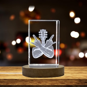 Unique 3D Engraved Crystal with Crossed Hands Rock n Roll Gesture and Guitar Design - Perfect Gift for Music Lovers