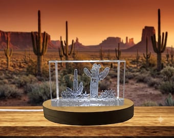 3D Engraved Crystal Cactus Recognition Trophy with LED Light