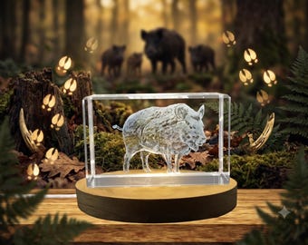 3D Engraved Crystal Wild Boar Figurine: LED Light, Unique Recognition Collectible