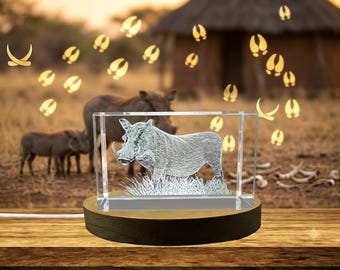 3D Engraved Crystal Warthog Figurine: LED Light, Recognition Collectible Wild Pig