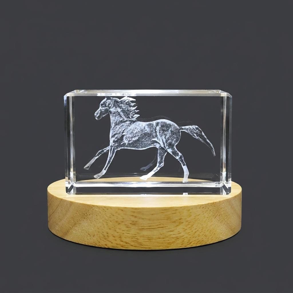 3D Crystal Marwari Horse Figurine with LED Base, Laser Engraved Equestrian Gift