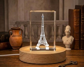 Eiffel Tower 3D Engraved Crystal Keepsake Recognition Award with LED Base - Paris Souvenir