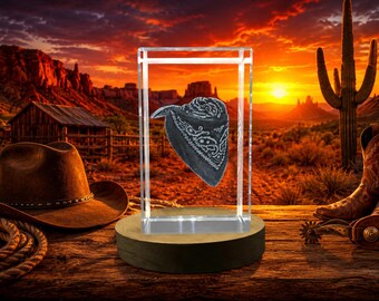 3D Engraved Crystal Cowboy Bandana Trophy – Western Style Recognition Gift with LED Base