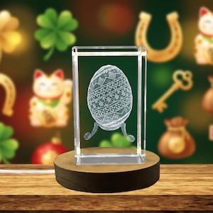 3D Crystal Pysanky Egg Award – Engraved Ukrainian Easter Decor, LED Light