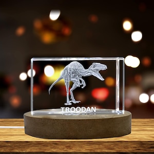 Może przedstawiać: Przezroczysty kryształowy sześcian z trójwymiarowym grawerowanym obrazem dinozaura Troodona. Sześcian stoi na szarej podstawie, a na podstawie wygrawerowano słowo "TROODAN".