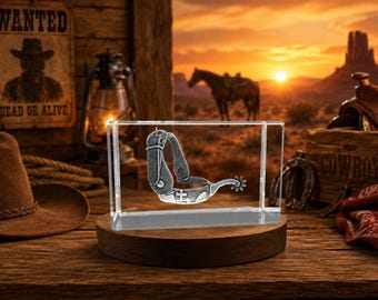 3D Engraved Crystal Cowboy Spurs – Western Rider Trophy with LED Light