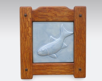 Fish Tile, Bas Relief Tile, Ceramic Wall Art, Handmade Tile, Cubicle Decor, Mission Style Frame, Blue Fish, Trout Tile