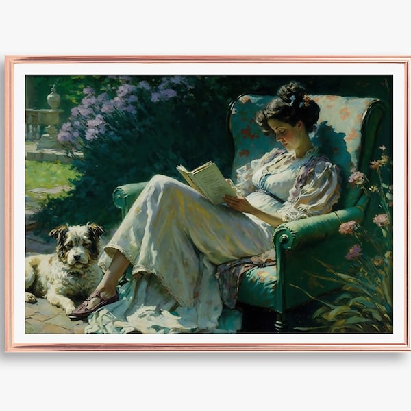 French Country Garden Painting | Woman Reading In The Garden Art Print | Farmhouse PRINTABLE Art | Vintage style Oil Painting Download