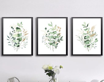 Greenery art set, eucalyptus prints, Download, set of 3 watercolor printable plants art, gold leaves prints wall art, botanical wall art