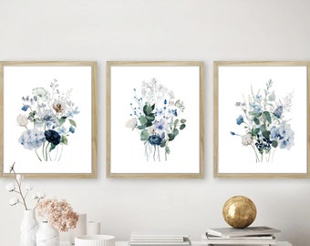 Blue flowers art set, wildflower bouquet prints, Download, set of 3 watercolor printable art, greenery prints wall art, bedroom wall decor