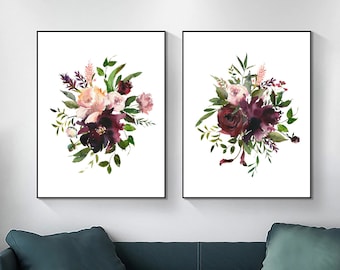 Blush and burgundy flowers art set, flower bouquet prints, Download, set of 2 watercolor flowers prints, greenery printable wall art