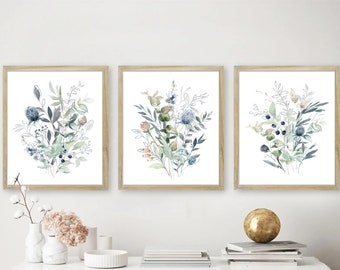 Blue flowers art set, wildflower bouquet prints, Download, set of 3 watercolor printable art, greenery prints wall art, bedroom wall decor