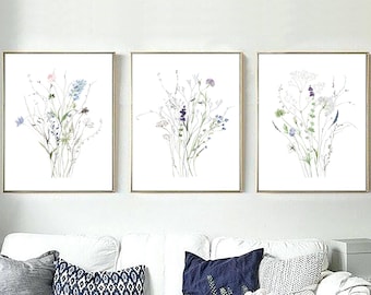 Ensemble d’art de fleurs sauvages, art mural de verdure, impressions de bouquet de fleurs bleues, Télécharger, ensemble de 3 aquarelles de fleurs sauvages art imprimable, décor de chambre à coucher