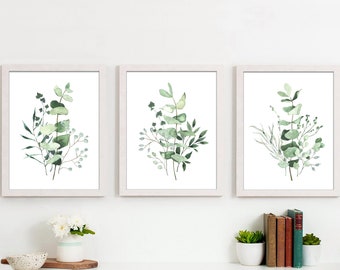 Greenery art set, eucalyptus prints, Download, set of 3 watercolor printable plants art, leaves prints wall art, botanical bedroom art