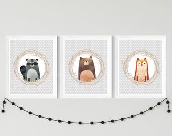 Woodland Nursery Art Set Printable Bear Raccoon Fox Kids - Etsy