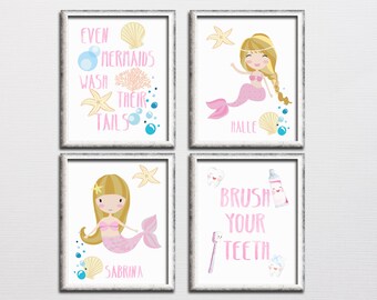 Mermaids Girls Bathroom Printable Art Set Personalized | Etsy