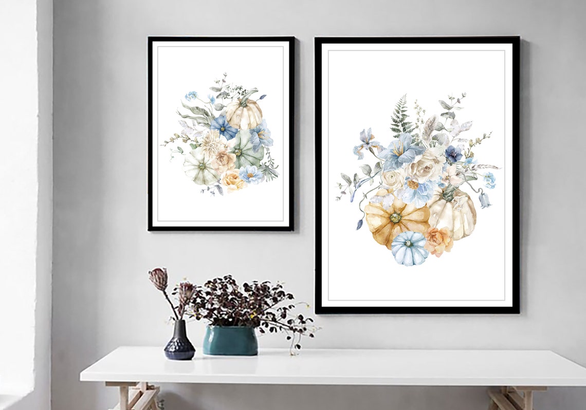 Fall Pumpkin Printable Art Set With Blue Flowers Autumn Wall - Etsy