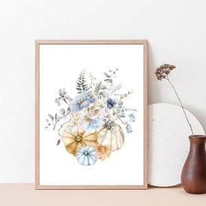 Fall Pumpkin Printable Art Set With Blue Flowers , Autumn Wall Art ...