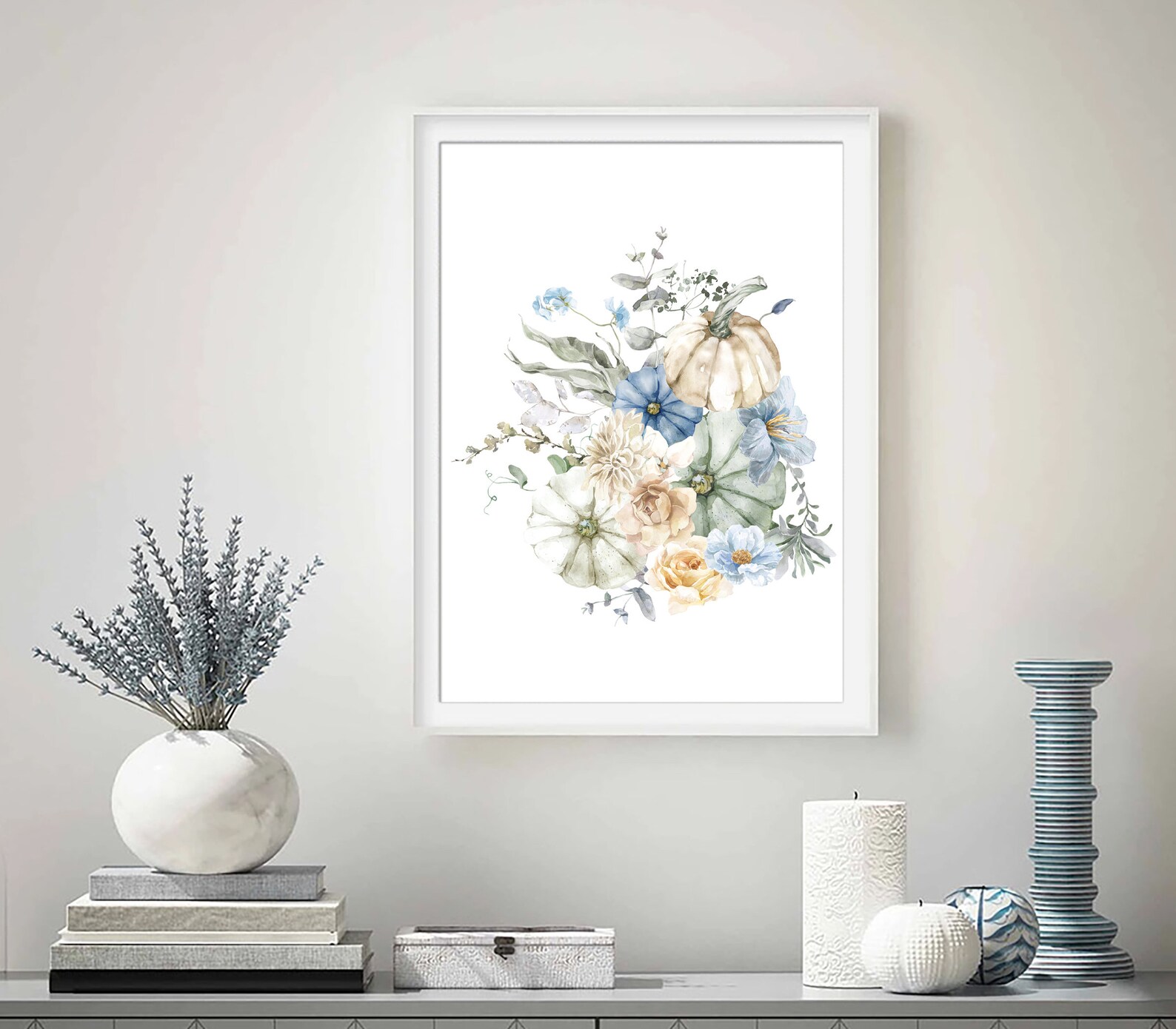 Fall Pumpkin Printable Art Set With Blue Flowers Autumn Wall | Etsy