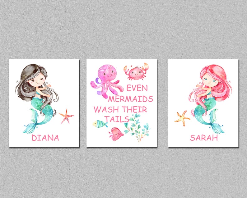 Mermaids Girls Bathroom Printable Art Set Personalized - Etsy