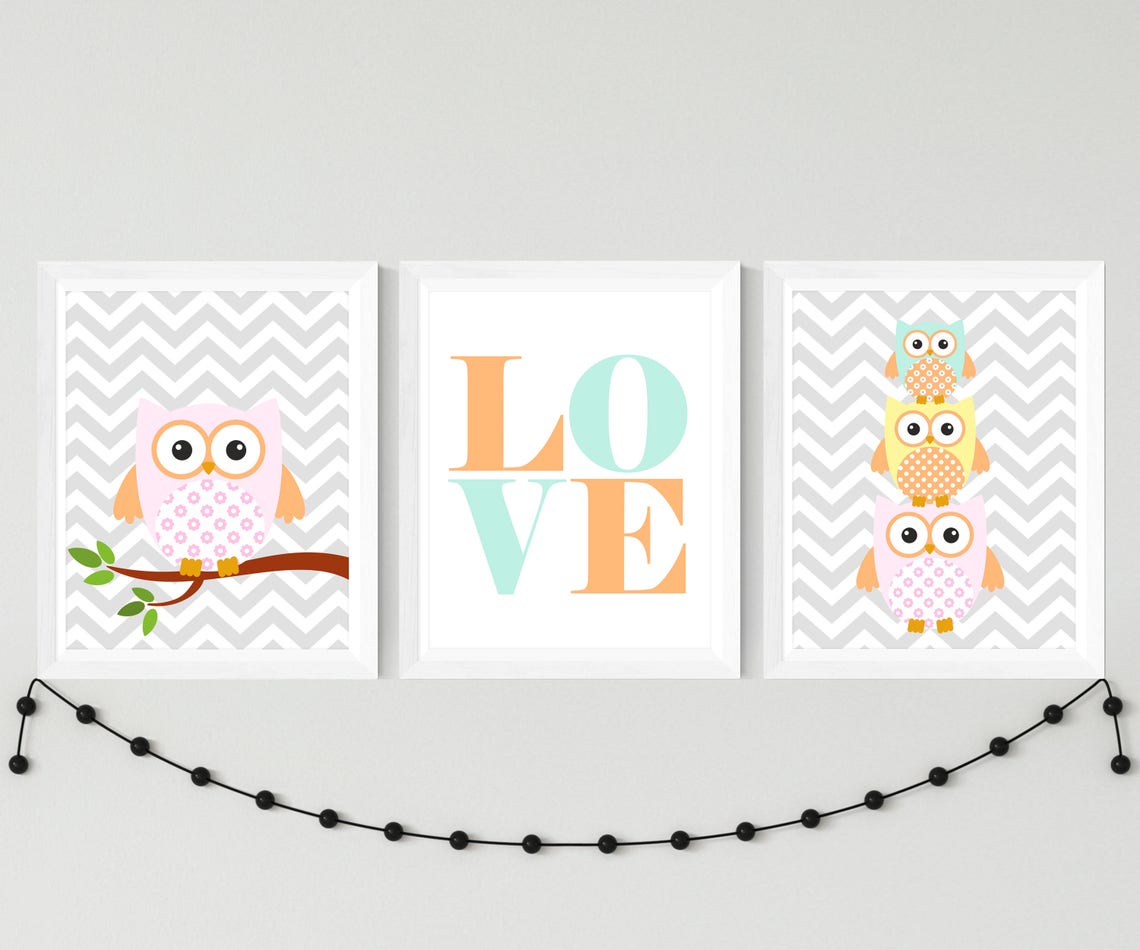 Nursery Printable Owl Family LOVE Set Wall Art, Kids Room Printable Owl Wall Decor, Owls Instant ...