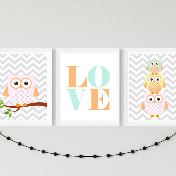 Nursery printable owl family LOVE set wall art, kids room printable owl wall decor, owls instant download chevron playroom wall art