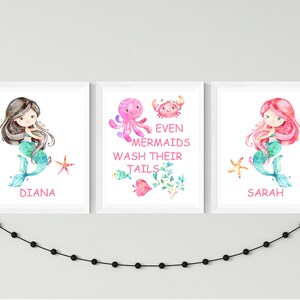 Mermaids Girls Bathroom Printable Art Set, Personalized Sisters ...