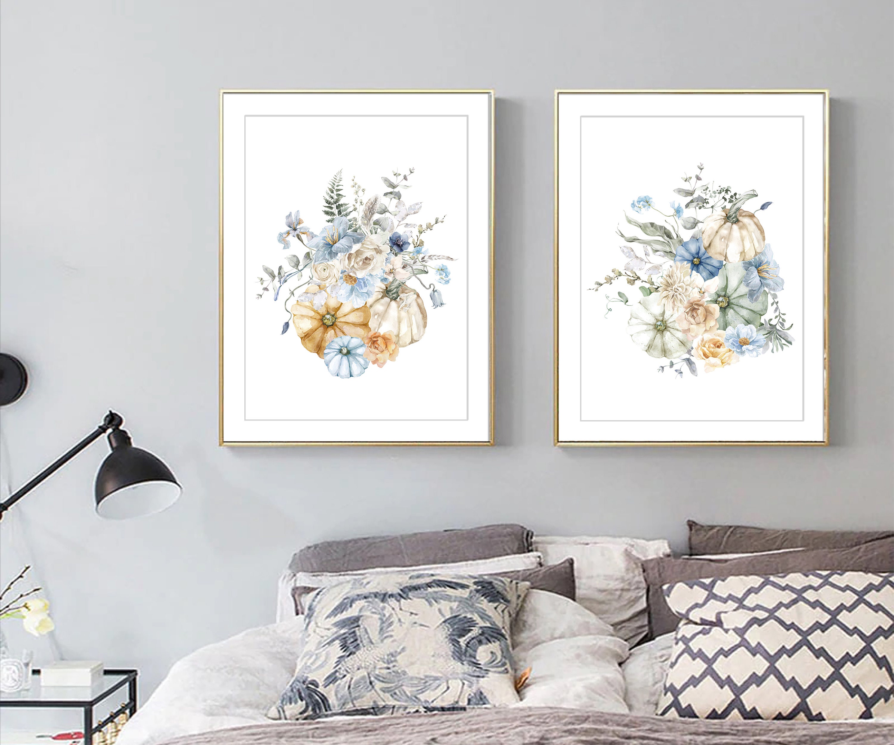 Fall Pumpkin Printable Art Set With Blue Flowers Autumn Wall - Etsy