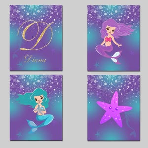 Printable Mermaid Set Purple and Turquoise Girl Nursery Art, Playroom Mermaid Wall Art With Gold ...