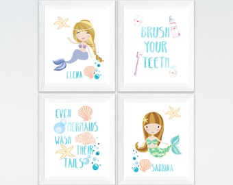 Mermaids Girls Bathroom Printable Art Set Personalized | Etsy