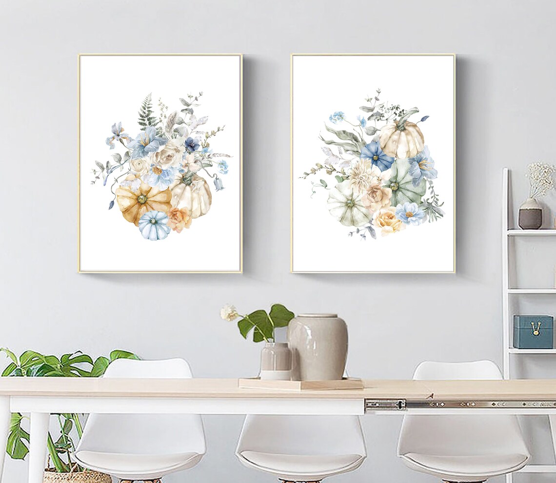 Fall Pumpkin Printable Art Set With Blue Flowers Autumn Wall - Etsy