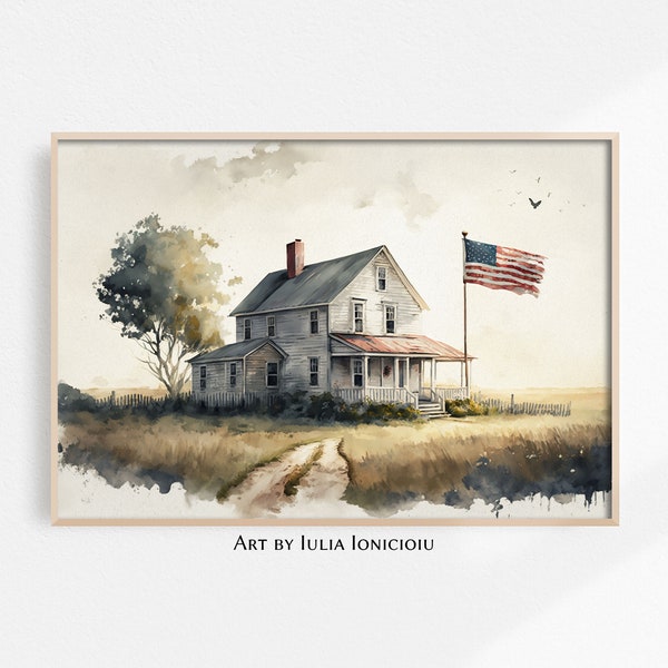 Old American Farmhouse With Flag Painting | Watercolor American Farmhouse Wall Decor | PRINTABLE Wall Art | Vintage Style Rustic Art Print