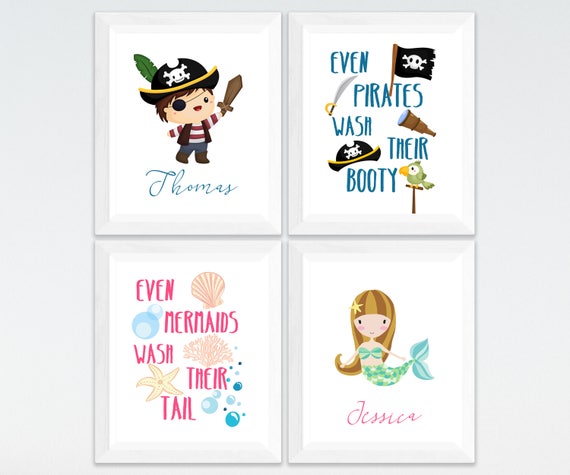 Pirate and Mermaid Personalized Kids Bathroom Printable Art Set, Custom Kids  Bathroom Wall Art, Kids Bathroom Decor Download 