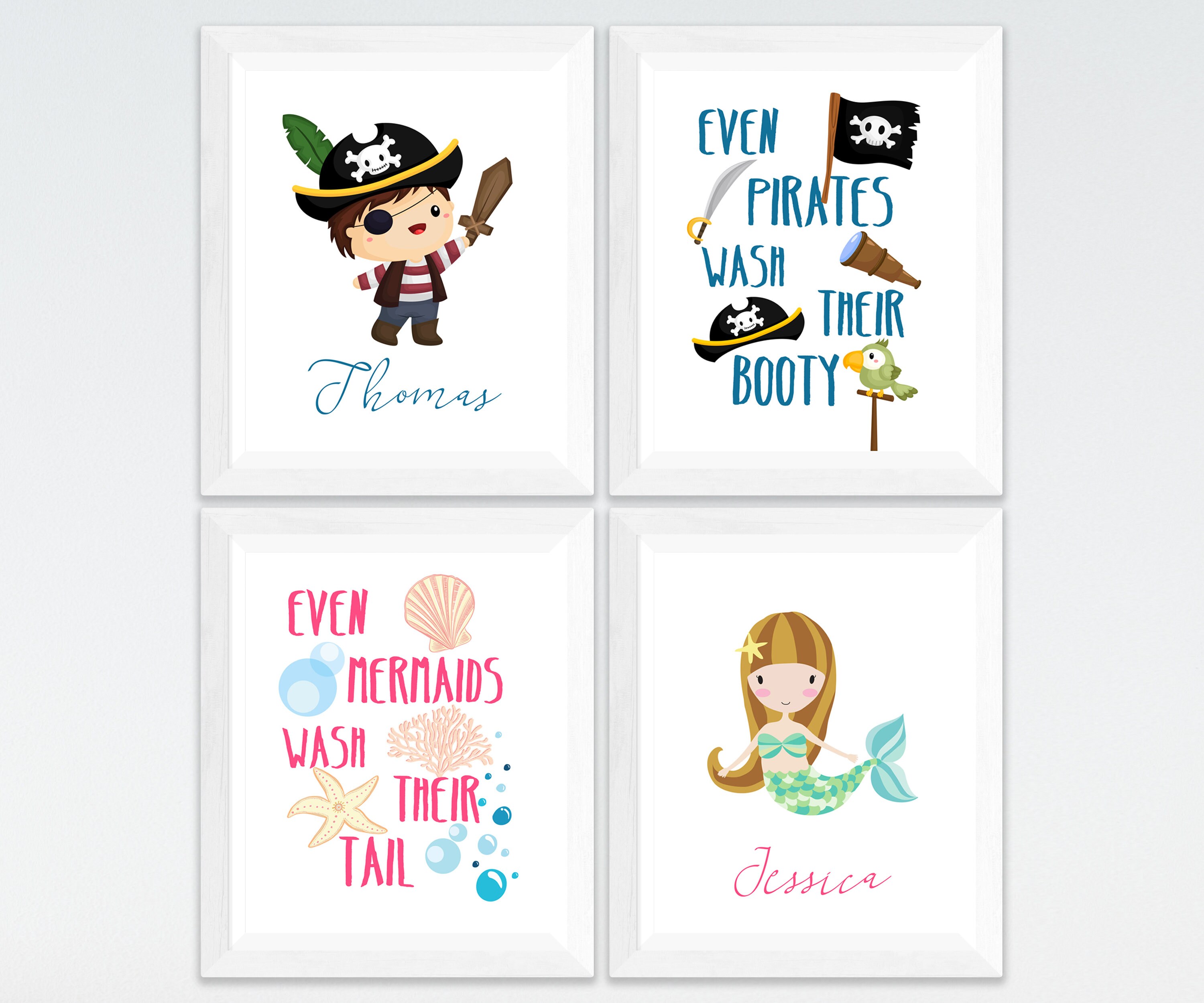Pirate and Mermaid Personalized Kids Bathroom Printable Art Set, Custom ...