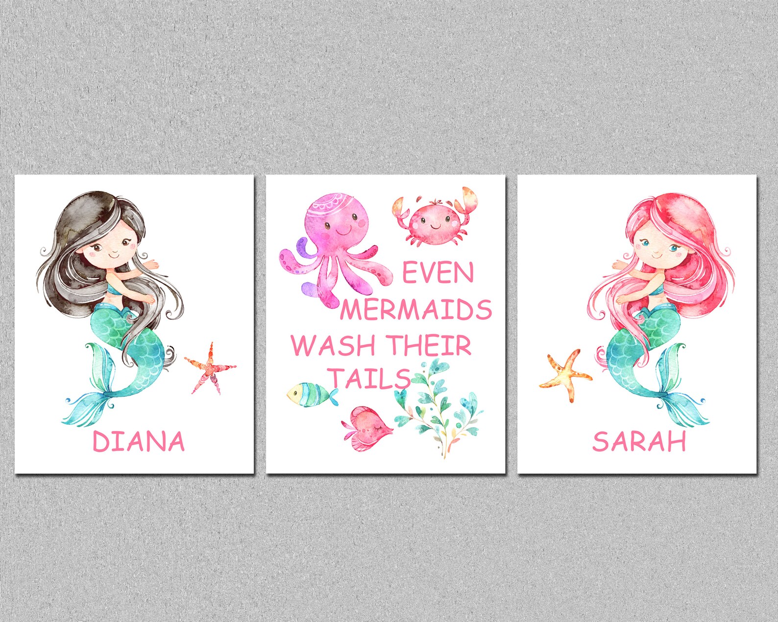 Mermaids Girls Bathroom Printable Art Set Personalized - Etsy