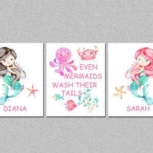 Mermaids Girls Bathroom Printable Art Set, Personalized Sisters ...