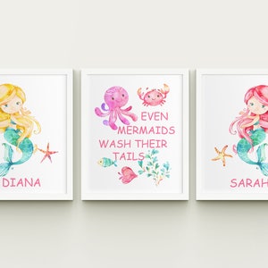 Mermaids Girls Bathroom Printable Art Set, Personalized Sisters ...
