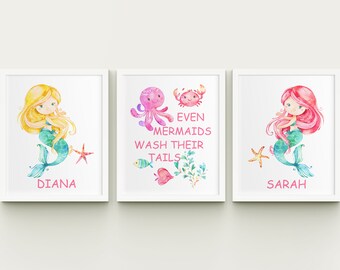 Mermaids Girls Bathroom Printable Art Set Personalized | Etsy