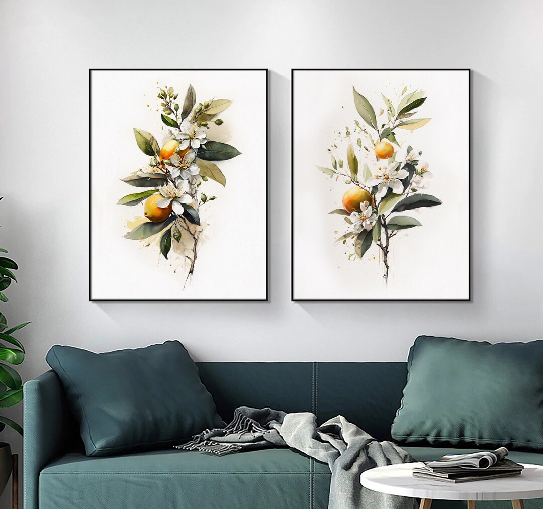 Orange Flowers Art Set, Orange Branch Prints, Download, Set of 2