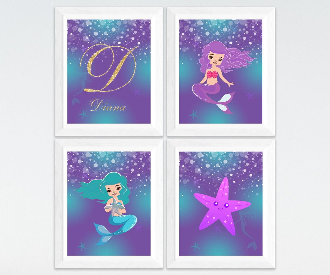 Printable Mermaid Set Purple and Turquoise Girl Nursery Art, Playroom Mermaid Wall Art With Gold ...