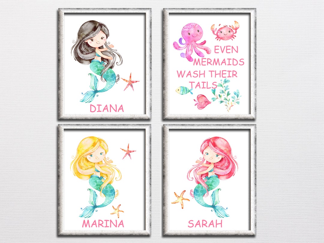 Mermaids Girls Bathroom Printable Art Set, Personalized Sisters ...