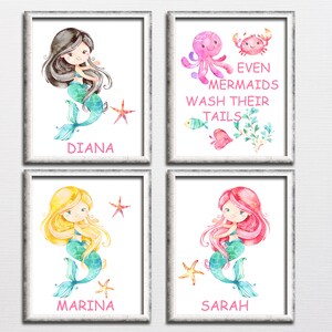Mermaids Girls Bathroom Printable Art Set, Personalized Sisters ...