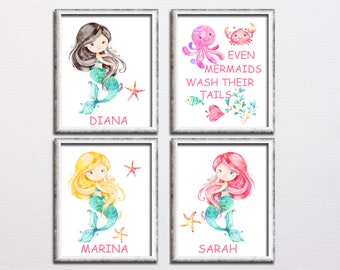 Mermaids Girls Bathroom Printable Art Set Personalized | Etsy