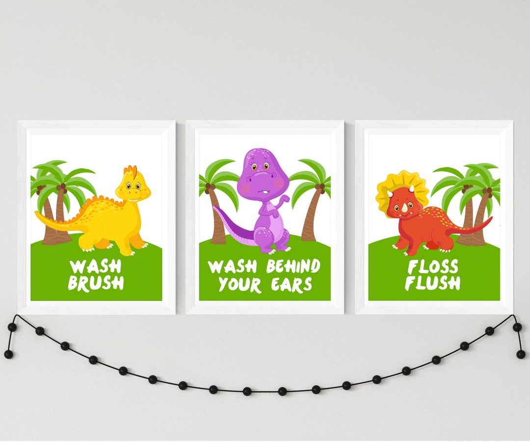Printable Dinosaur Bathroom Wall Art Wash Brush Floss Flush Wall Decor