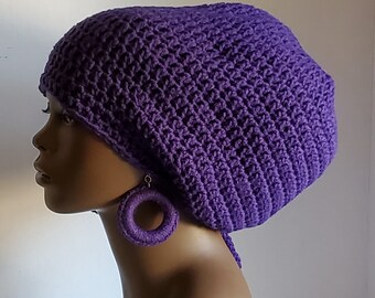 Crochet Dreadlock Tam Loc Hat with Drawstring Earrings Optional, Purple Large Rasta Tam, Large Slouch Hat, Dread Tam, Hat For Dreadlocks