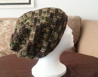 Ready To Ship - Crochet Slouch Beanie, Camouflage Crochet Slouch Hat, Camouflage Slouch Beanie Hat, Handmade Crochet Hat - Unisex