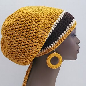 Crochet Dread Tam with Drawstring and Optional Earrings, Large Rasta Tam, Dark Gold, Brown, and Off-White Large Slouch Hat