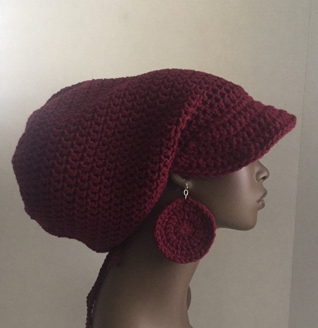 Crochet Brimmed Rasta Tam Hat Cap Burgundy Dreadlock Tam With Optional